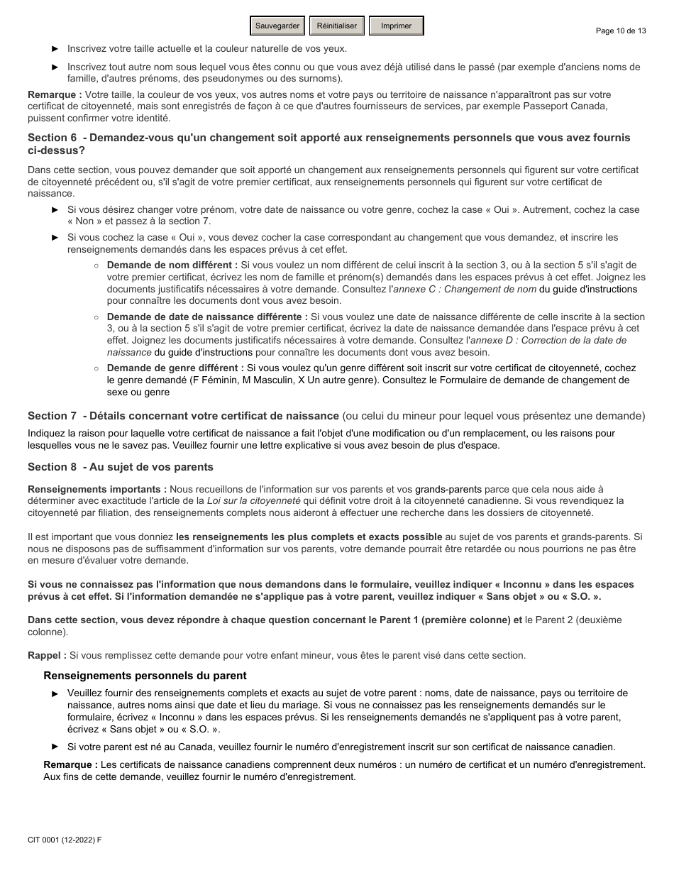 Forme CIT0001 Demande De Certificat De Citoyennete Pour Adultes Et Mineurs (Preuve De Citoyennete) En Vertu De Larticle 3 De La Loi Sur La Citoyennete - Canada (French), Page 10