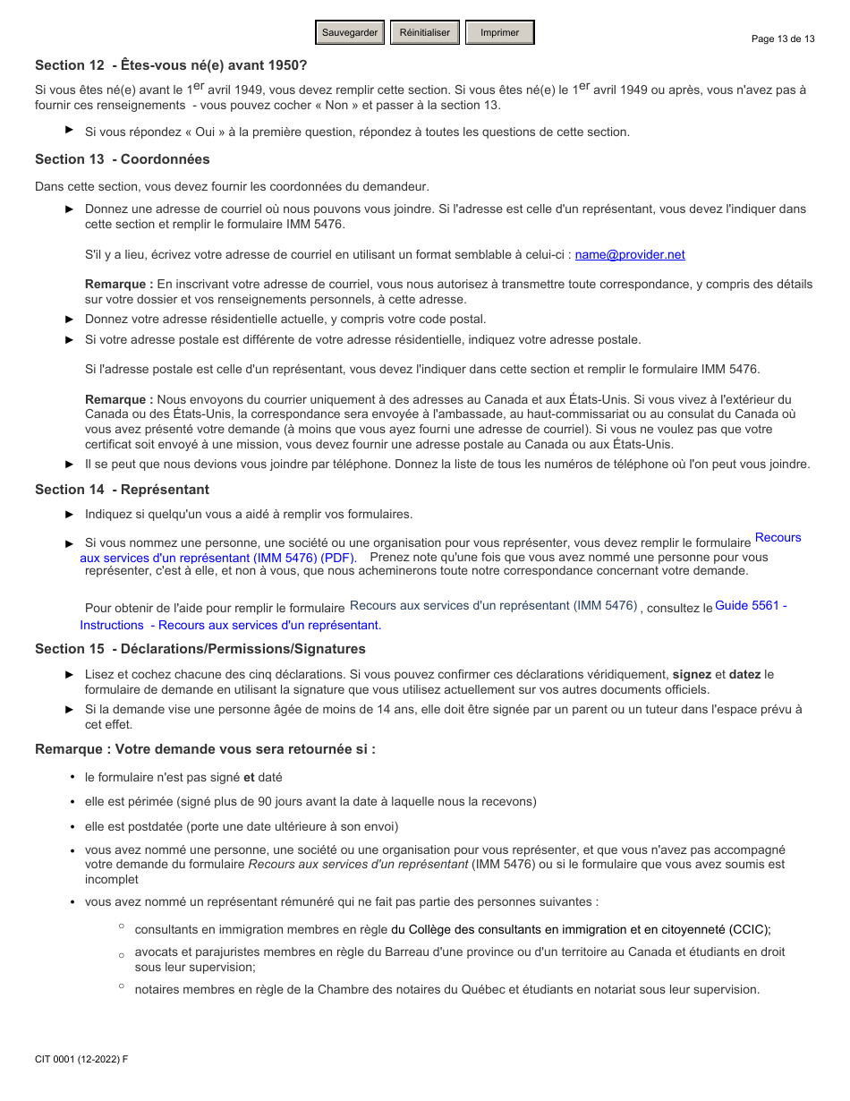 Forme CIT0001 Demande De Certificat De Citoyennete Pour Adultes Et Mineurs (Preuve De Citoyennete) En Vertu De Larticle 3 De La Loi Sur La Citoyennete - Canada (French), Page 13