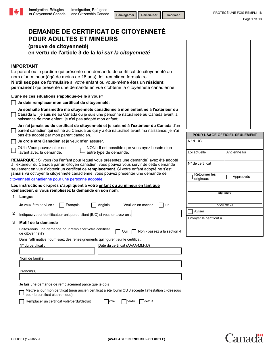 Forme CIT0001 Demande De Certificat De Citoyennete Pour Adultes Et Mineurs (Preuve De Citoyennete) En Vertu De Larticle 3 De La Loi Sur La Citoyennete - Canada (French), Page 1