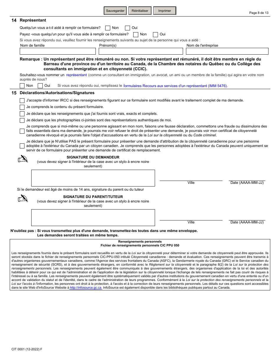 Forme CIT0001 Demande De Certificat De Citoyennete Pour Adultes Et Mineurs (Preuve De Citoyennete) En Vertu De Larticle 3 De La Loi Sur La Citoyennete - Canada (French), Page 8