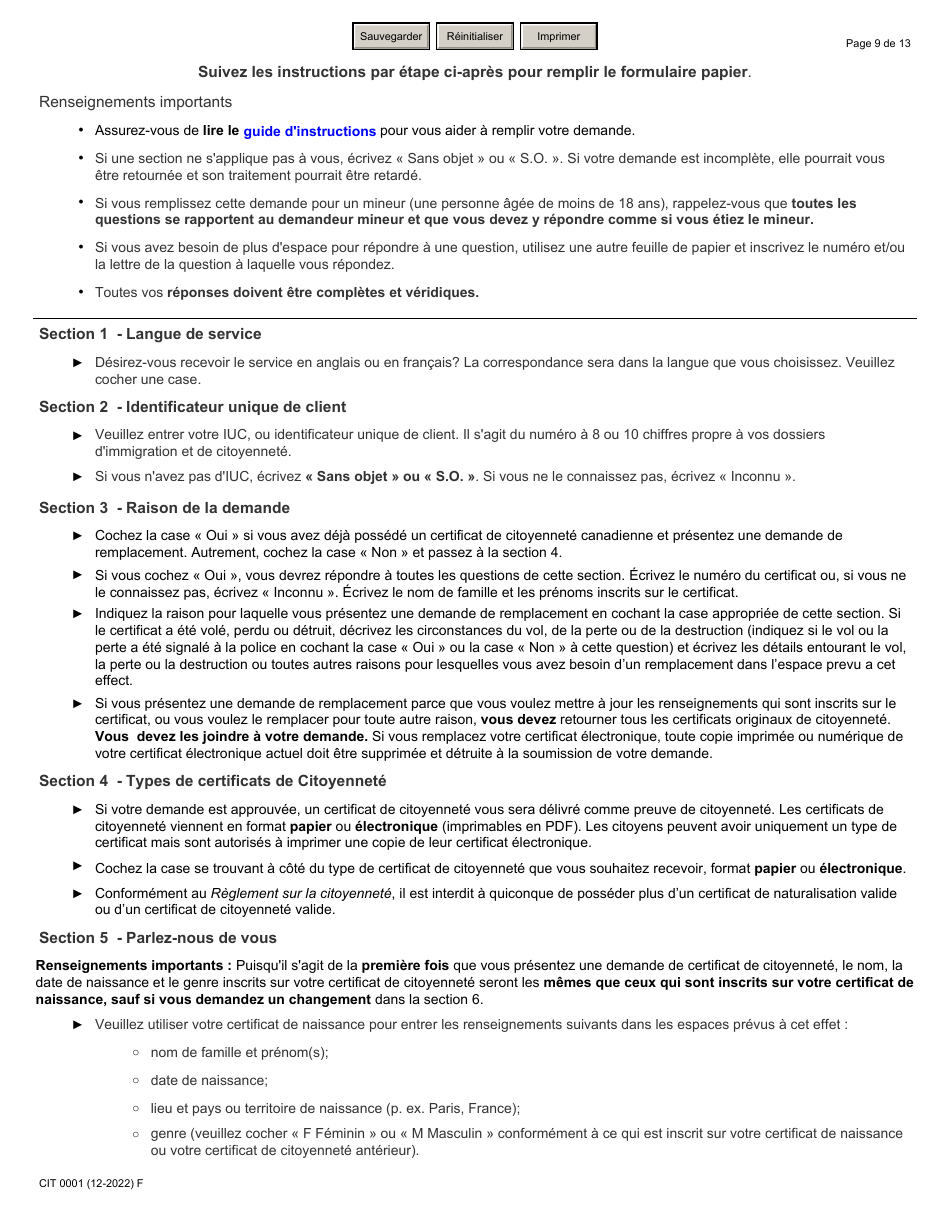 Forme CIT0001 Demande De Certificat De Citoyennete Pour Adultes Et Mineurs (Preuve De Citoyennete) En Vertu De Larticle 3 De La Loi Sur La Citoyennete - Canada (French), Page 9
