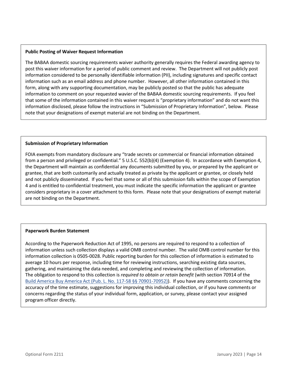 Form OF-2211 Build America Buy America Waiver Request Data Collection, Page 14