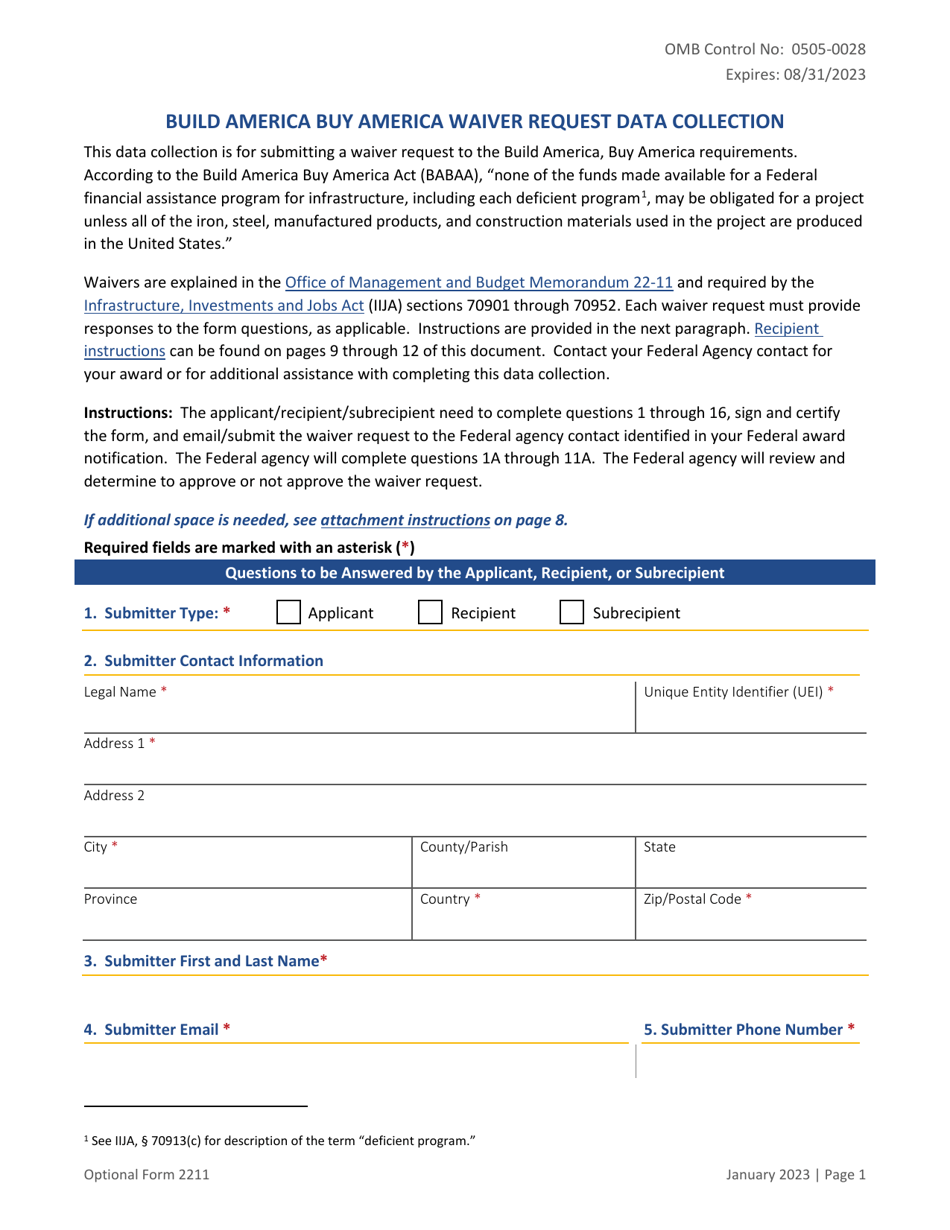 Form OF-2211 Build America Buy America Waiver Request Data Collection, Page 1