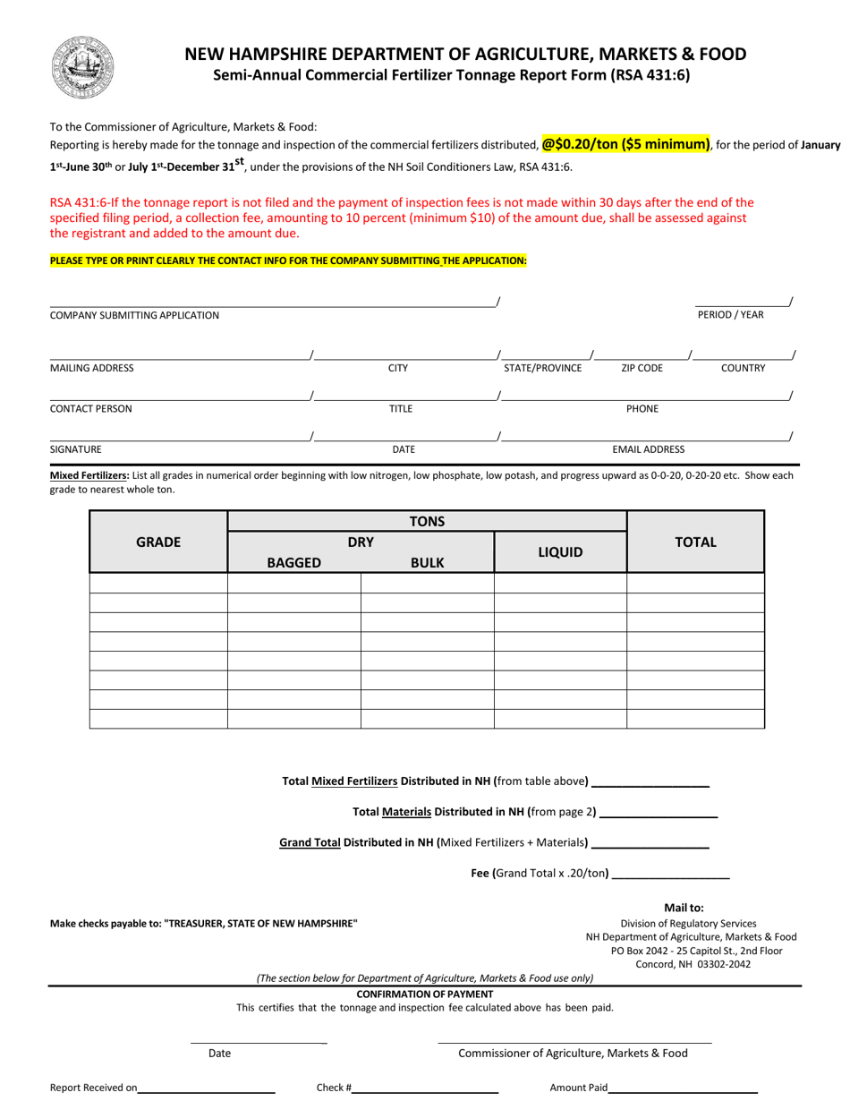 Semi-annual Commercial Fertilizer Tonnage Report Form - New Hampshire, Page 1