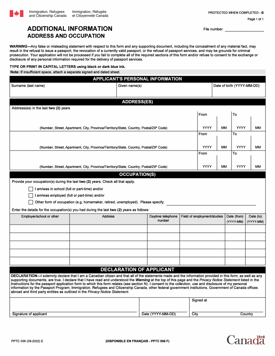 Form PPTC056 Additional Information - Address and Occupation - Canada, Page 1