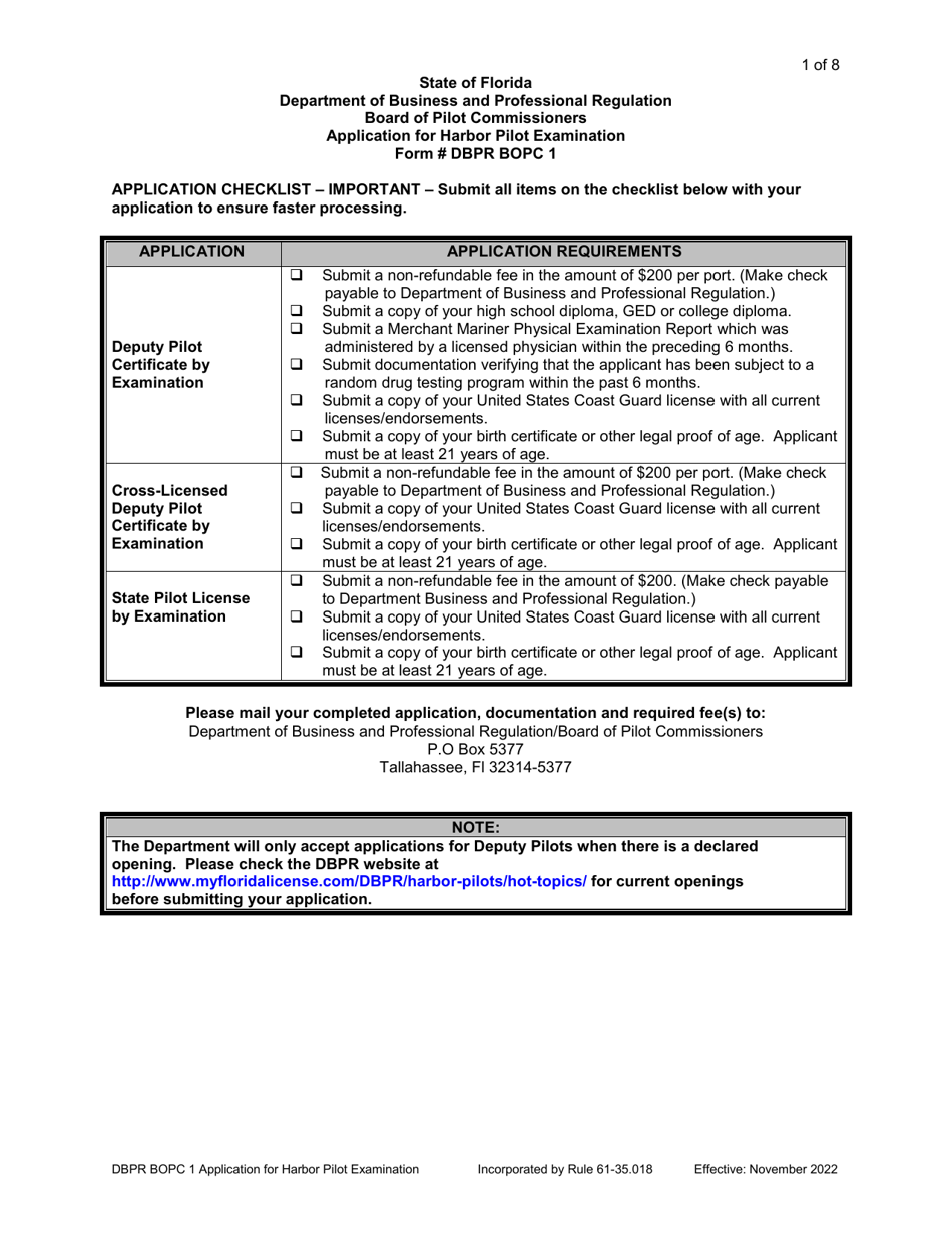 Form DBPR BOPC1 Download Printable PDF or Fill Online Application for