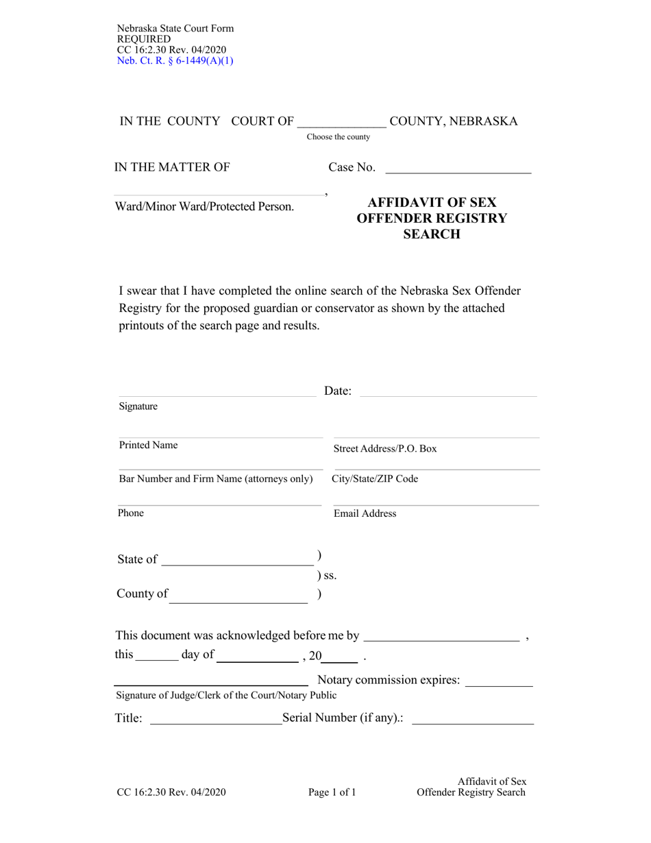 Form CC16:2.30 Affidavit of Sex Offender Registry Search - Nebraska, Page 1