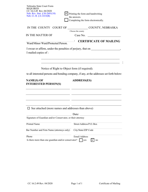 Form CC16:2.49 Certificate of Mailing - Nebraska
