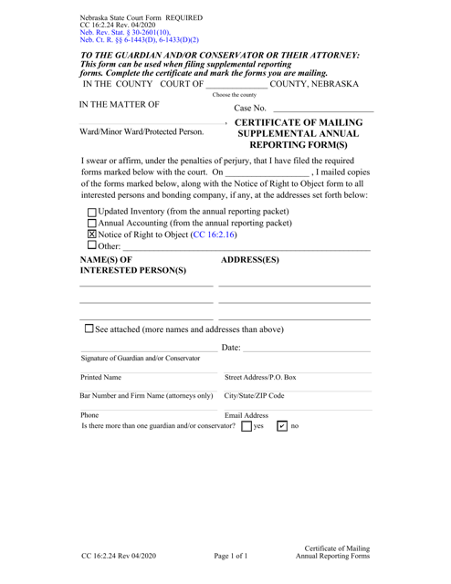Form CC16:2.24 Certificate of Mailing Supplemental Annual Reporting Form(S) - Nebraska