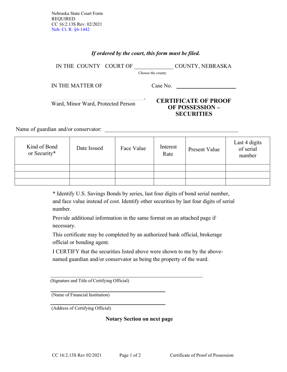 Form CC16:2.13S Certificate of Proof of Possession - Securities - Nebraska, Page 1