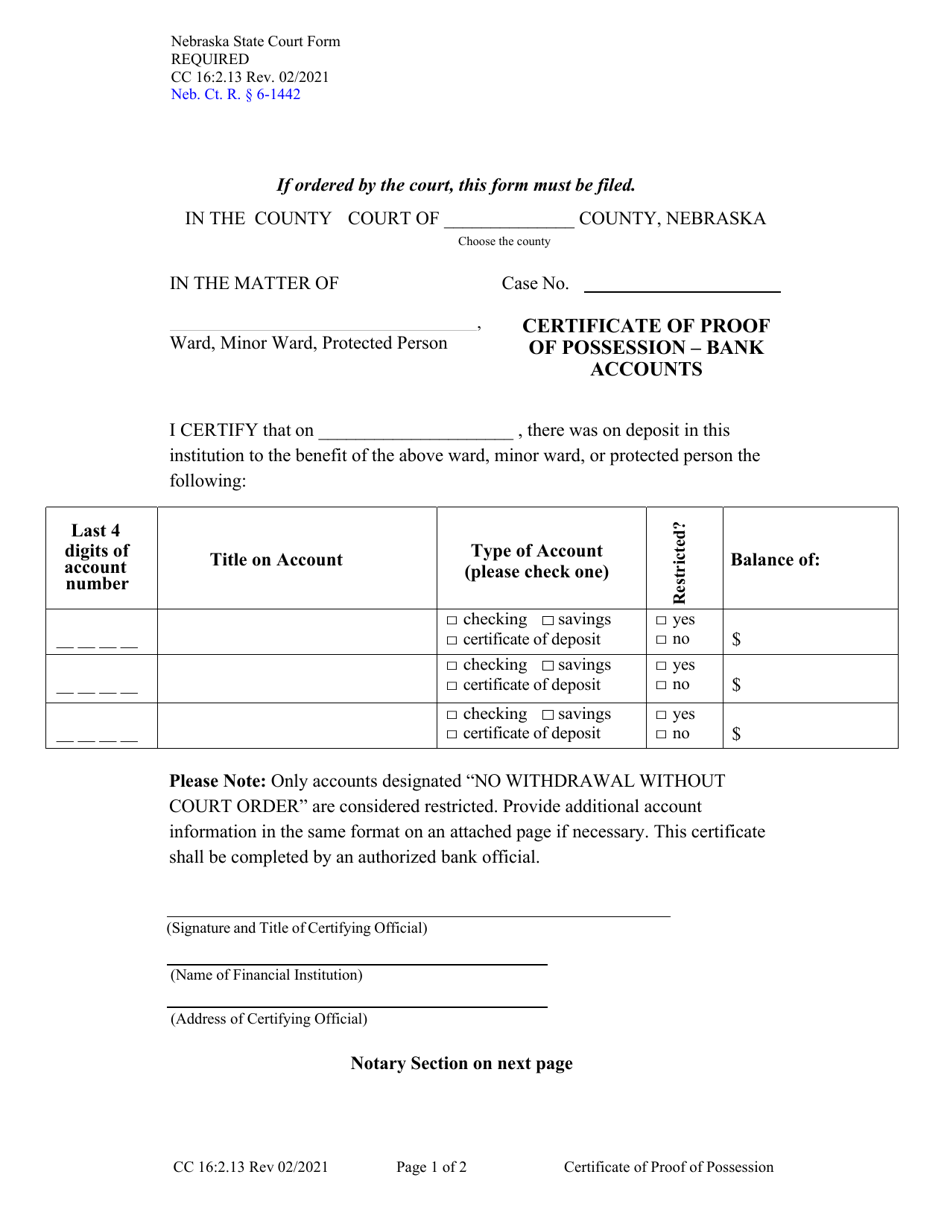 Form CC16:2.13 Certificate of Proof of Possession - Bank Accounts - Nebraska, Page 1