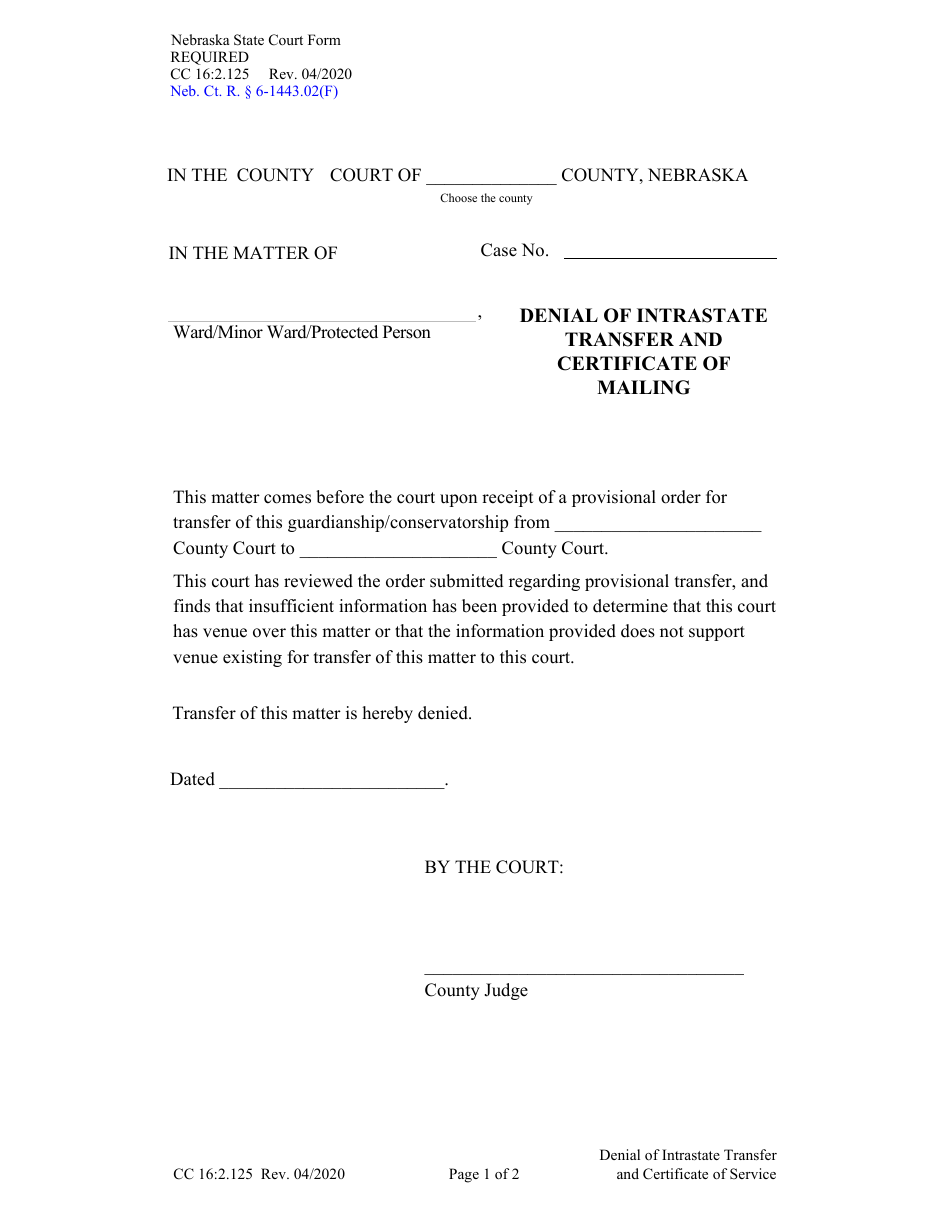 Form CC16:2.125 Denial of Intrastate Transfer and Certificate of Mailing - Nebraska, Page 1