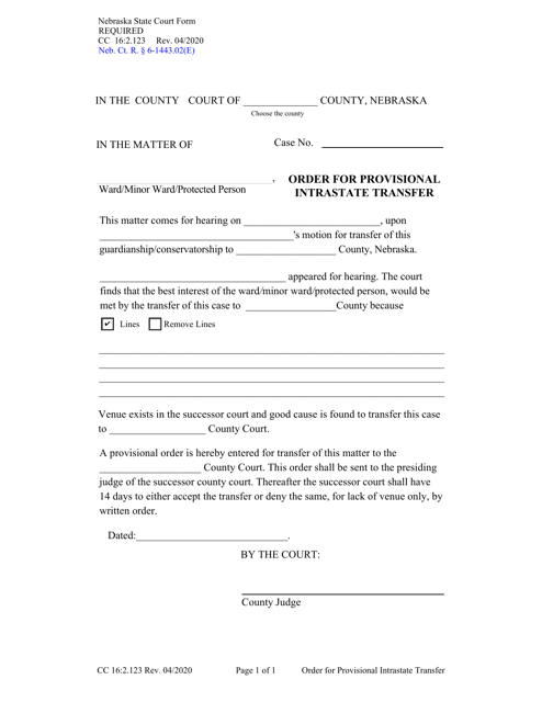 Form CC16:2.123 Order for Provisional Intrastate Transfer - Nebraska