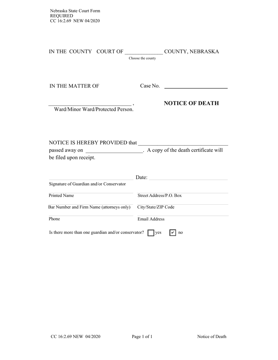 Form CC16:2.69 Notice of Death - Nebraska, Page 1