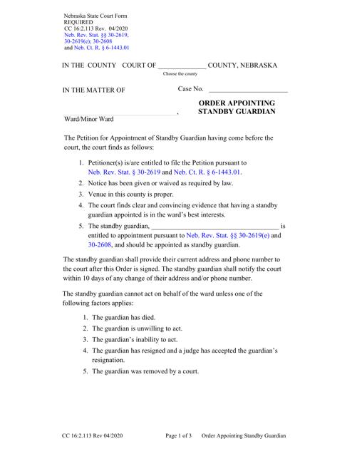Form CC16:2.113 Order Appointing Standby Guardian - Nebraska