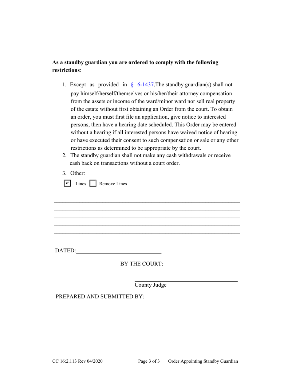 Form CC16:2.113 Order Appointing Standby Guardian - Nebraska, Page 3