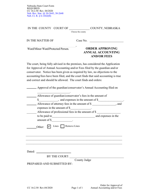 Form CC16:2.50 Order Approving Annual Accounting and/or Fees - Nebraska