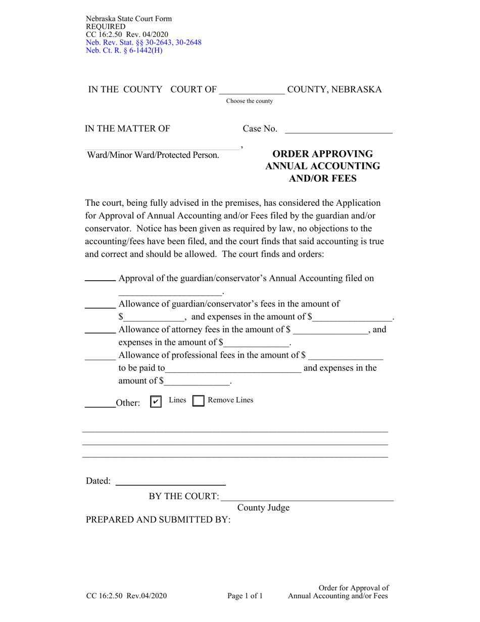 Form CC16:2.50 Order Approving Annual Accounting and / or Fees - Nebraska, Page 1