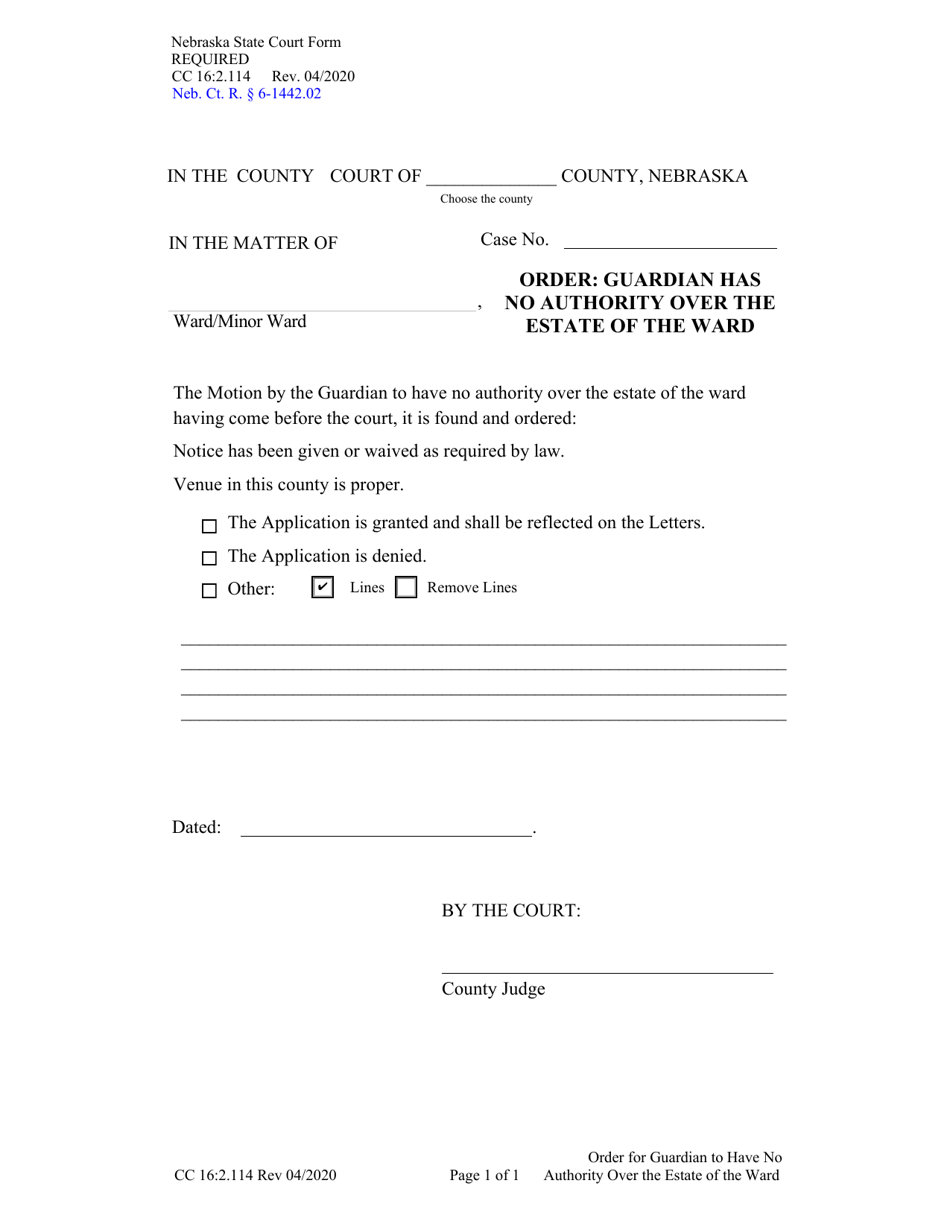 Form CC16:2.114 Order: Guardian Has No Authority Over the Estate of the Ward - Nebraska, Page 1