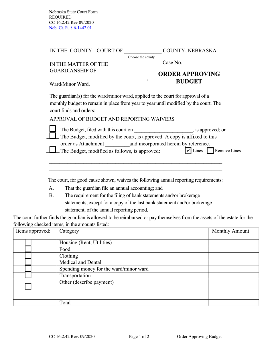 Form CC16:2.42 Order Approving Budget - Nebraska, Page 1