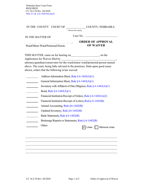 Form CC16:2.39 Order of Approval of Waiver - Nebraska