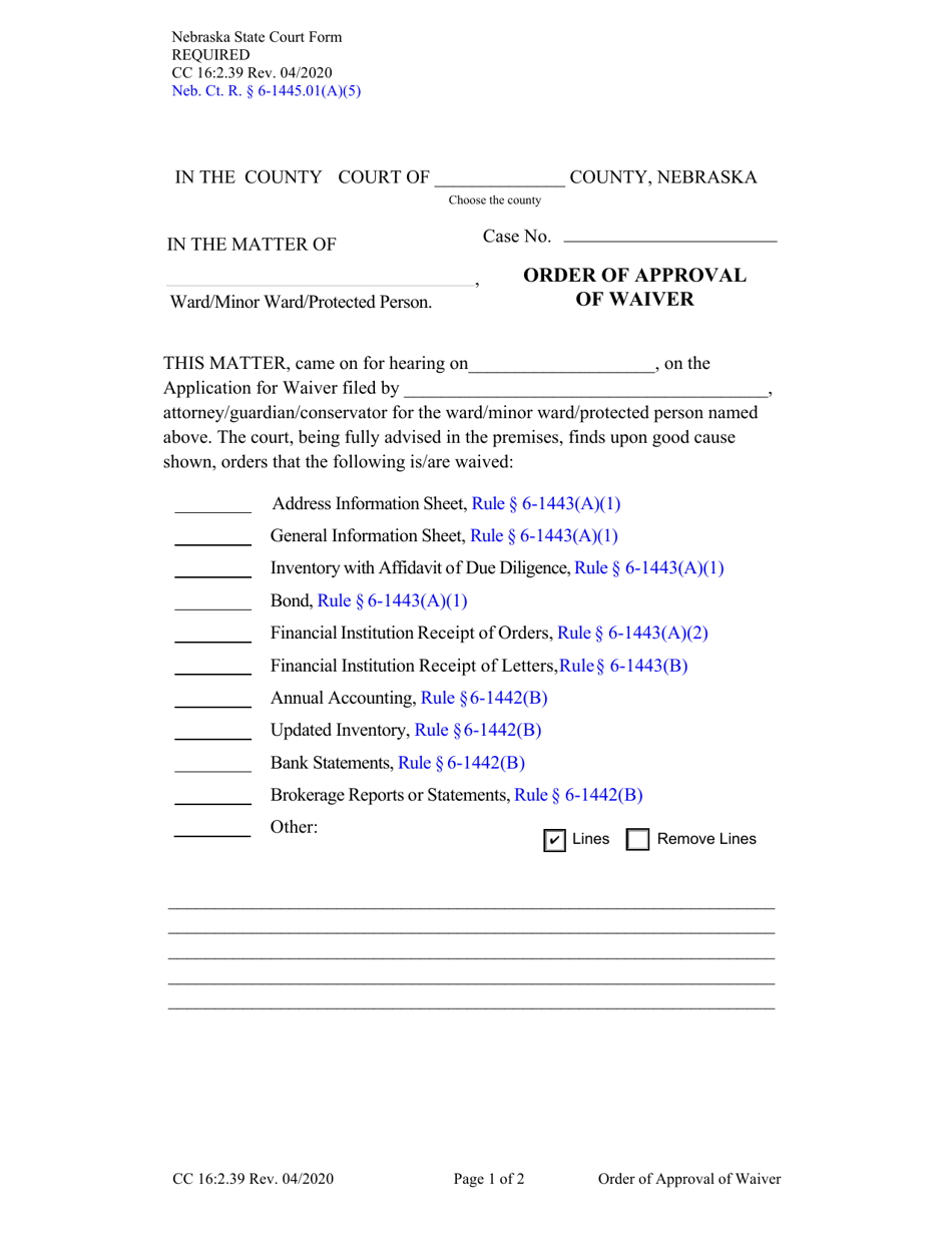 Form CC16:2.39 Order of Approval of Waiver - Nebraska, Page 1