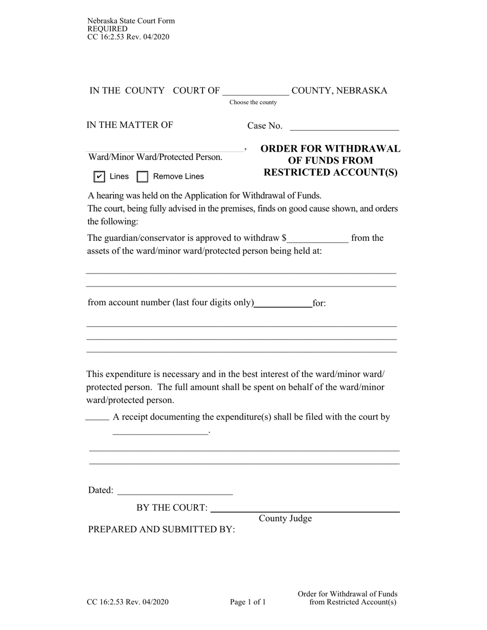 Form CC16:2.53 Order for Withdrawal of Funds From Restricted Account(S) - Nebraska, Page 1
