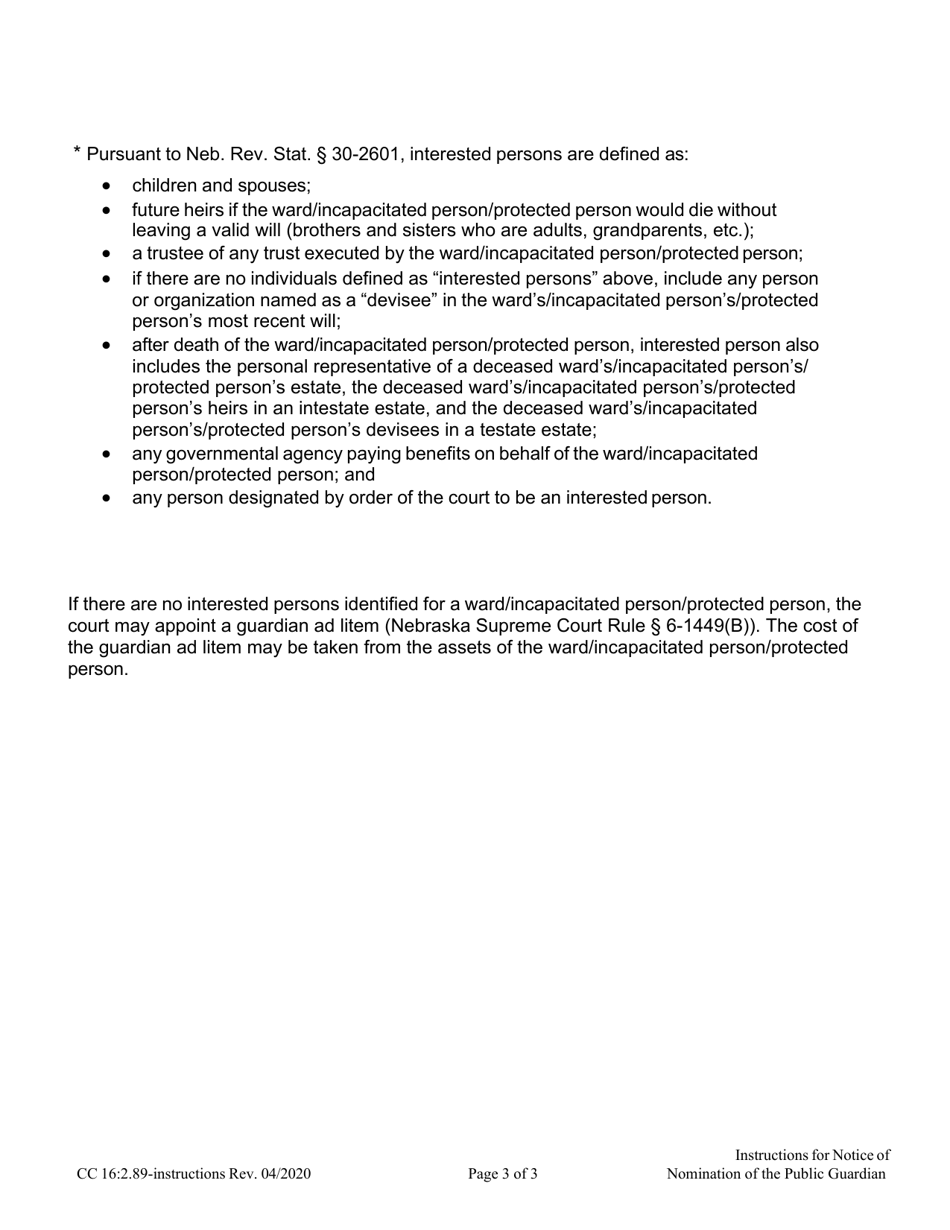 Instructions for Form CC16:2.89 Notice of Nomination of the Public Guardian and Certificate of Mailing - Nebraska, Page 3
