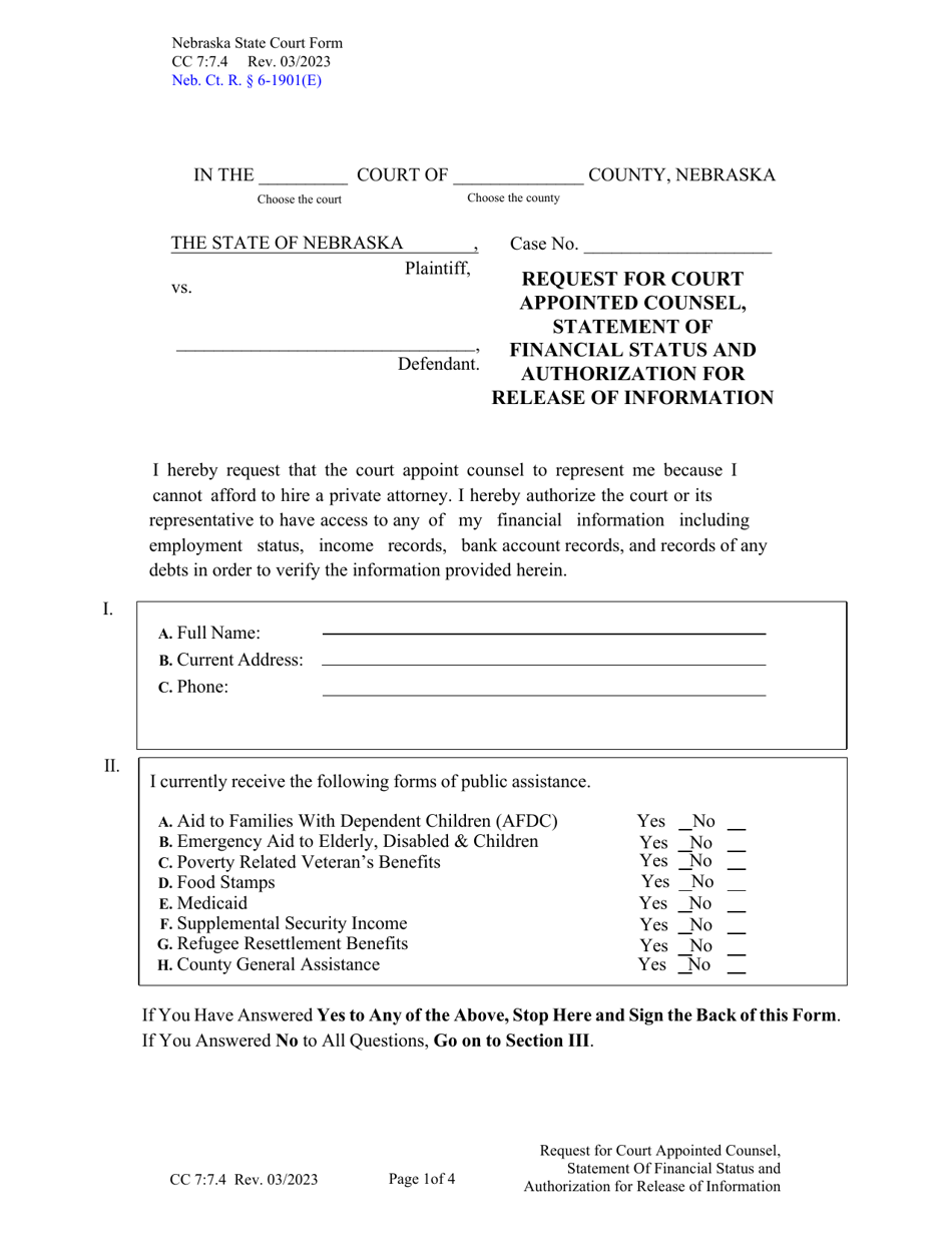 Form CC7:7.4 Request for Court Appointed Counsel, Statement of Financial Status and Authorization for Release of Information - Nebraska, Page 1