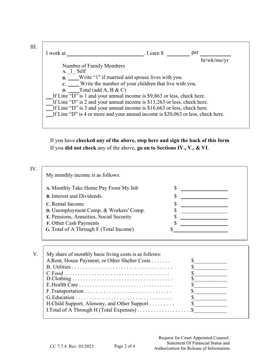 Form CC7:7.4 Request for Court Appointed Counsel, Statement of Financial Status and Authorization for Release of Information - Nebraska, Page 2