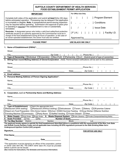 Food Establishment Permit Application - Suffolk County, New York Download Pdf