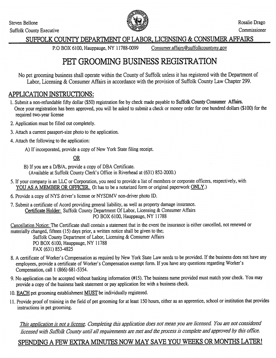 Pet Grooming Business Registration Application - Suffolk County, New York, Page 1