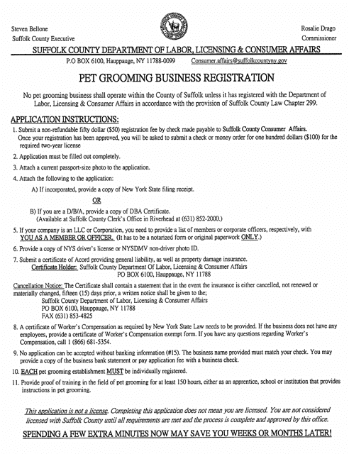 Pet Grooming Business Registration Application - Suffolk County, New York