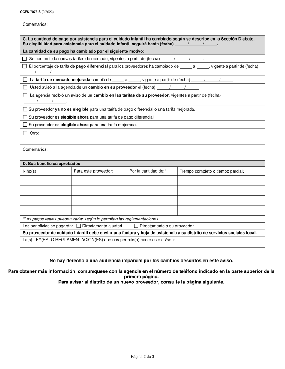 Formulario OCFS-7078-S Aviso De Cambio En El Pago a Proveedores - New York (Spanish), Page 2