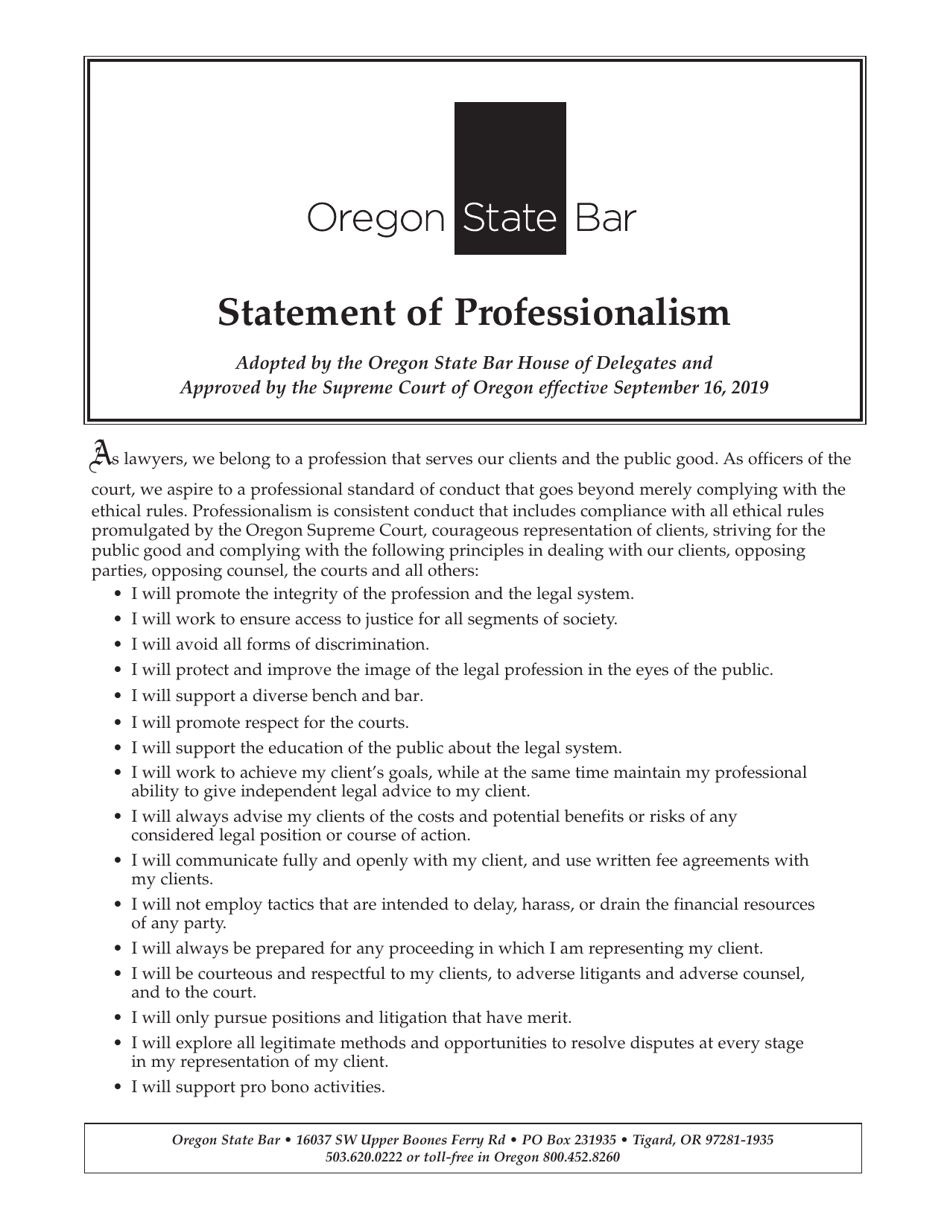 Statement of Professionalism - Oregon, Page 1
