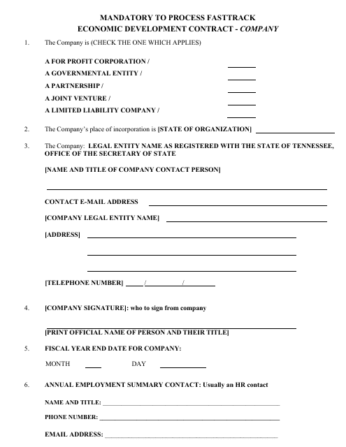 Mandatory to Process Fasttrack Economic Development Contract - Company - Tennessee Download Pdf