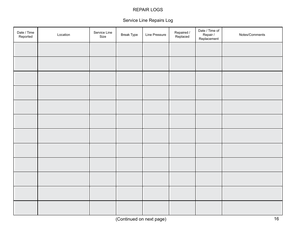 Operation and Maintenance Ongoing Logs - Preventive Maintenance for Small Public Water Systems Using Ground Water, Page 16