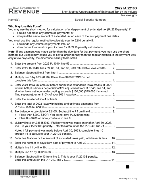 Form IA2210S (45-012) 2022 Printable Pdf