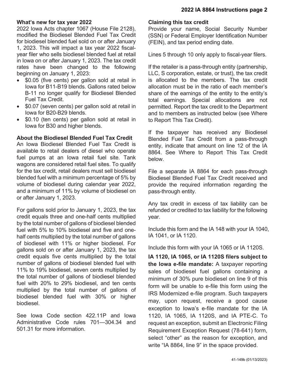 Form IA8864 (41-149) Iowa Biodiesel Blended Fuel Tax Credit - Iowa, Page 2