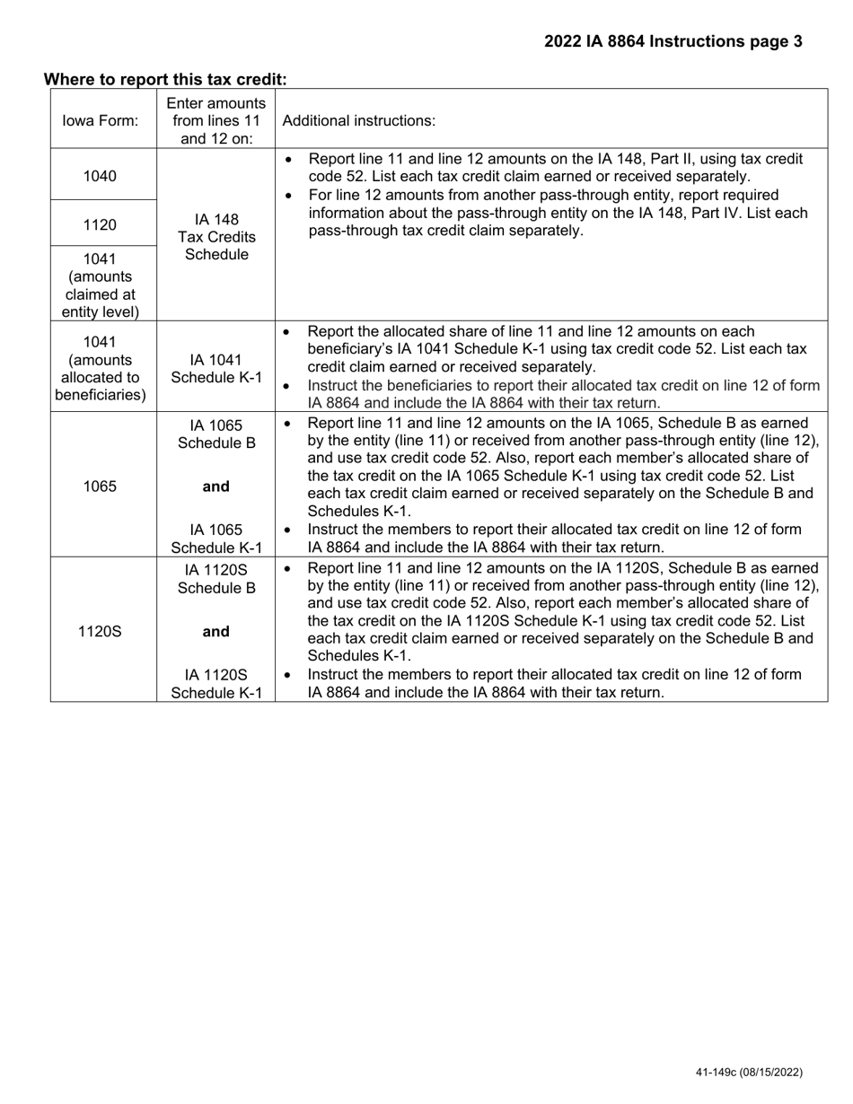Form IA8864 (41-149) Iowa Biodiesel Blended Fuel Tax Credit - Iowa, Page 3
