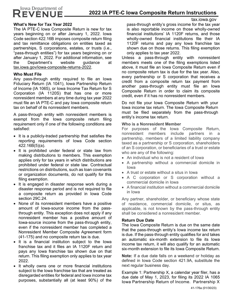 Instructions for Form IA PTE-C, 41-174 Iowa Composite Return - Iowa, Page 1