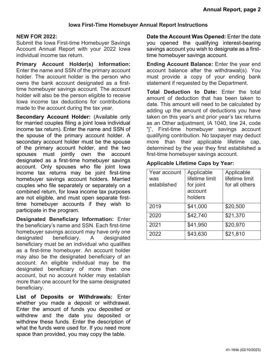 Form 41-164 Iowa First-Time Homebuyer Savings Account Annual Report - Iowa, Page 2