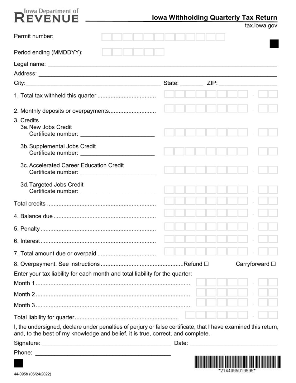Form 44-095 Iowa Withholding Quarterly Tax Return - Iowa, Page 2