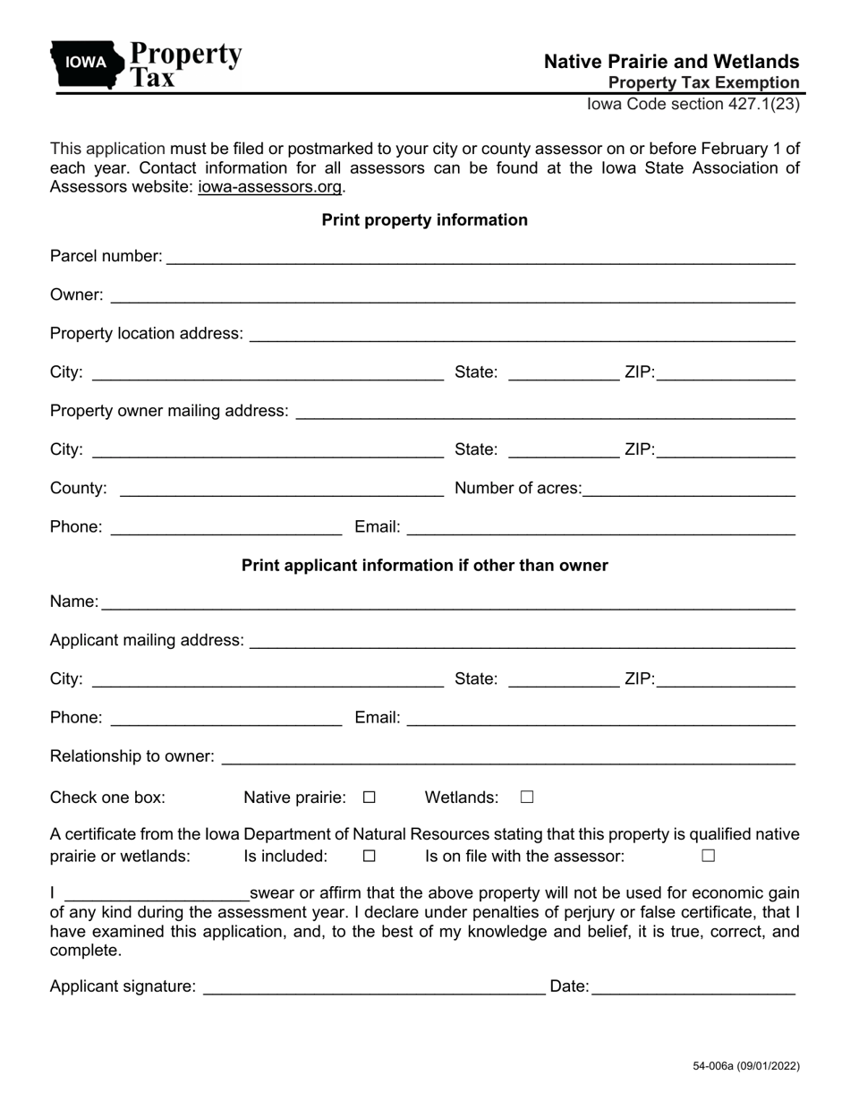 Form 54-006 Native Prairie and Wetlands Property Tax Exemption - Iowa, Page 1