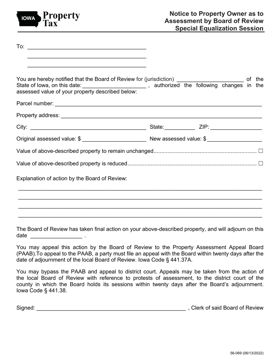 Form 56-069 Notice to Property Owner as to Assessment by Board of Review Special Equalization Session - Iowa, Page 1