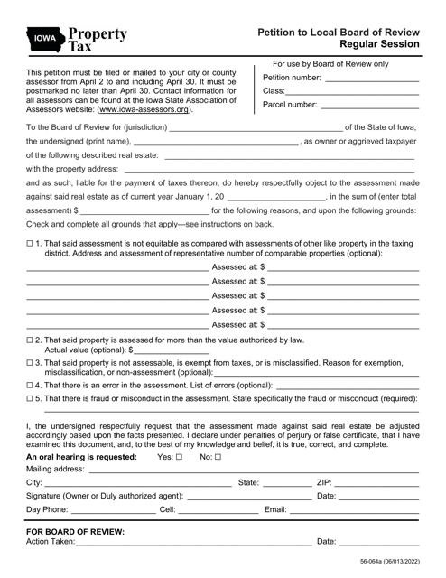 Form 56-064 Petition to Local Board of Review Regular Session - Iowa