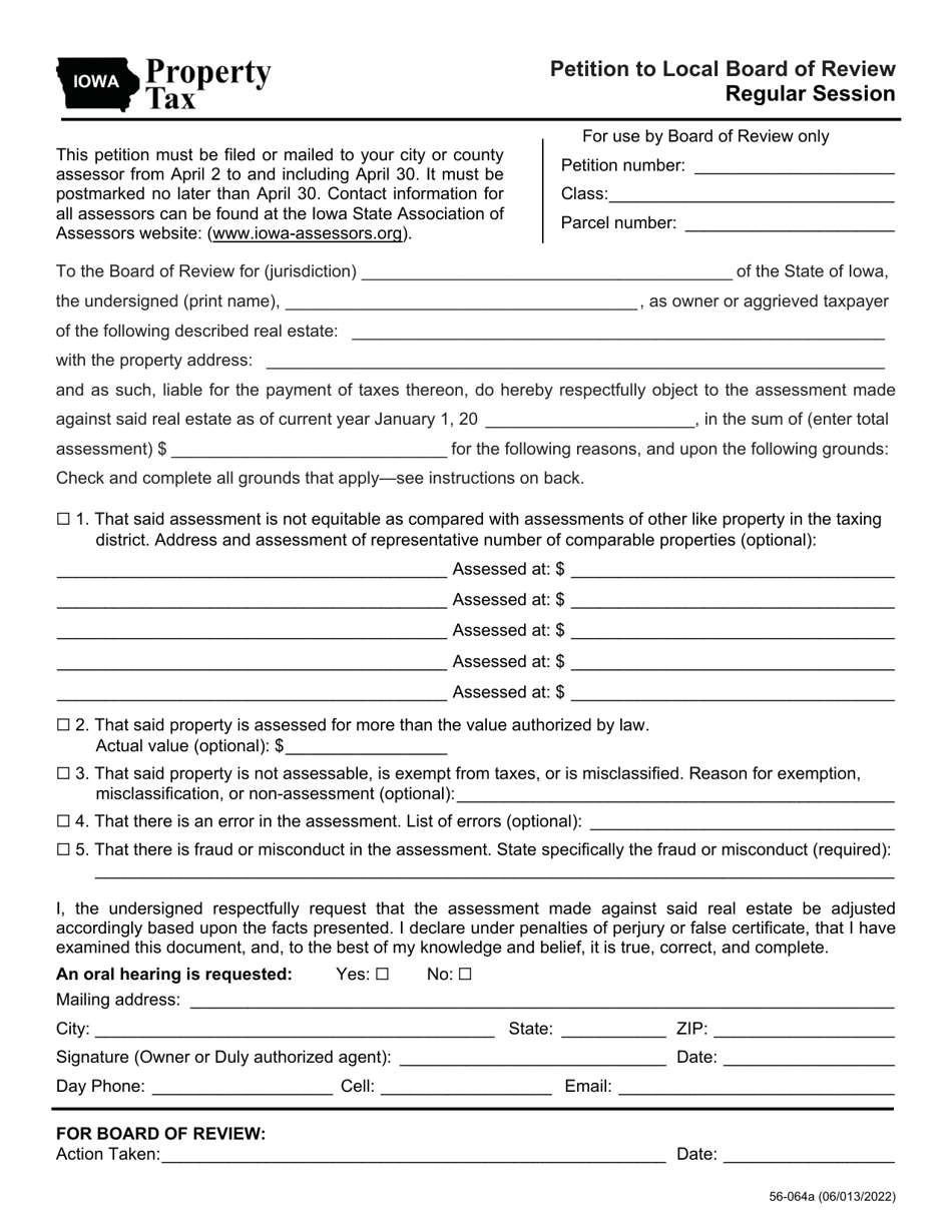 Form 56-064 Petition to Local Board of Review Regular Session - Iowa, Page 1