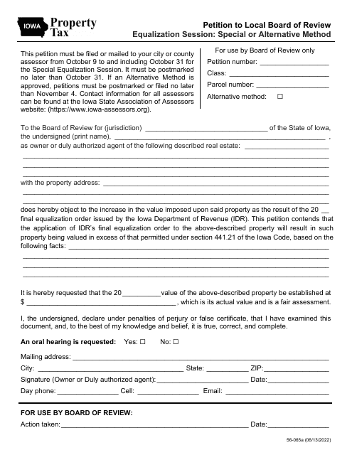 Form 56-065 Petition to Local Board of Review - Equalization Session: Special or Alternative Method - Iowa