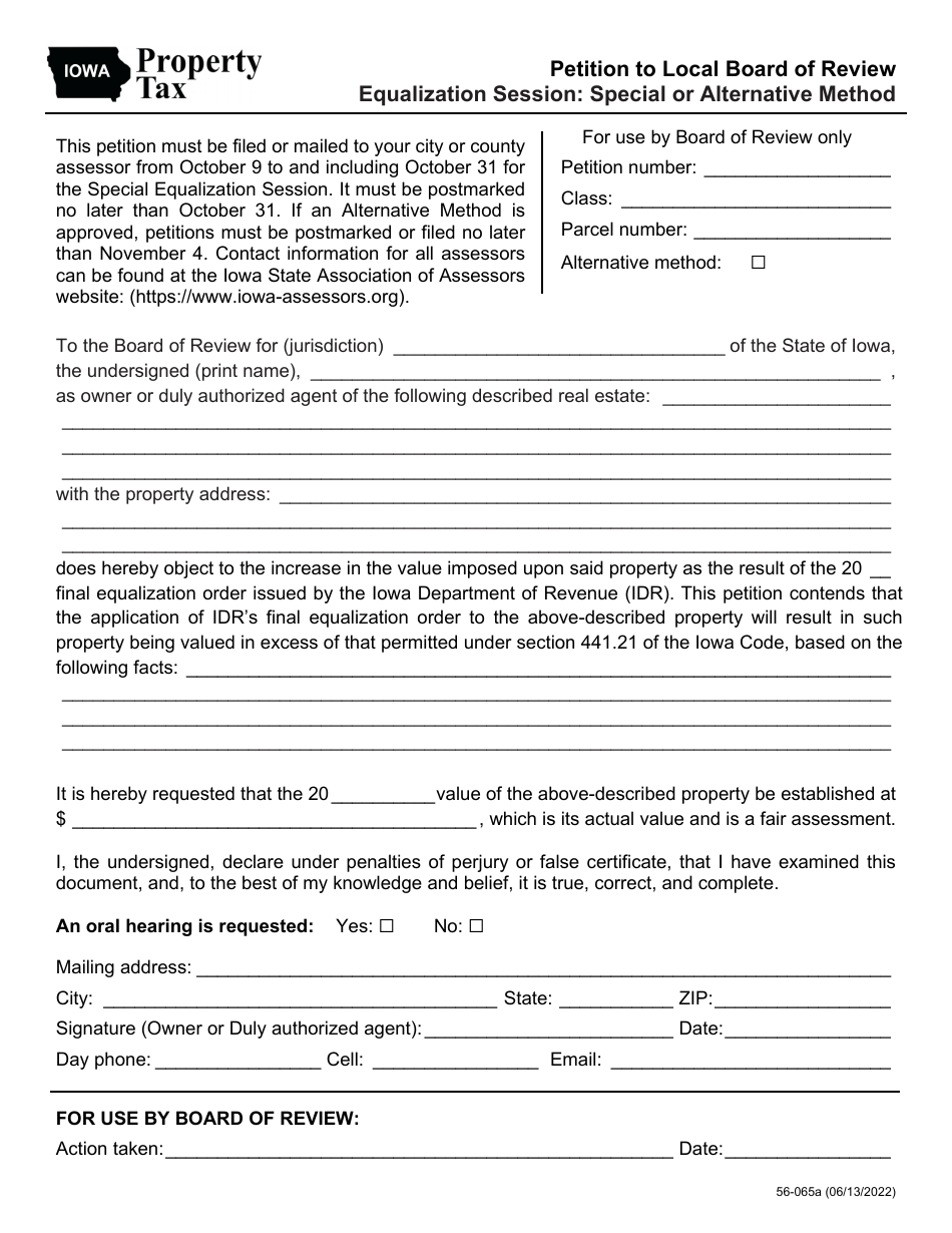 Form 56-065 Petition to Local Board of Review - Equalization Session: Special or Alternative Method - Iowa, Page 1