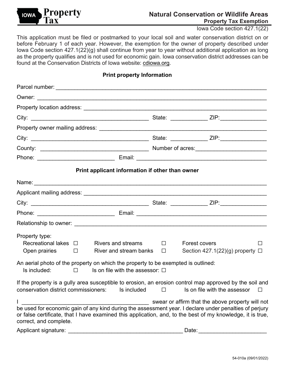 Form 54-010 Natural Conservation or Wildlife Areas Property Tax Exemption - Iowa, Page 1